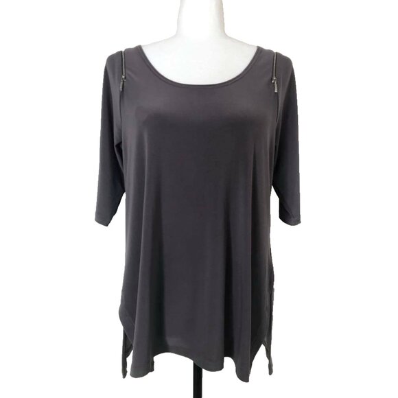SYMPLI Tunic Blouse Top Size 10 Gray Stretchy Jersey Knit Zippered Shoulders EUC - Picture 1 of 8